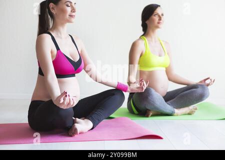 Due giovani donne in stato di gravidanza facendo esercizi yoga Foto Stock