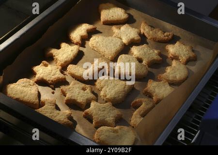 Biscotti fatti in casa, stelle e cuori su un vassoio da forno appena sfornato Foto Stock