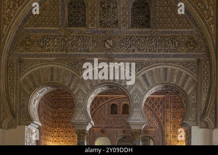 Arco a ferro di cavallo al Salon de los Embajadores, sala degli ambasciatori, Alcazar, Siviglia, Andalusia, Spagna, Europa Foto Stock
