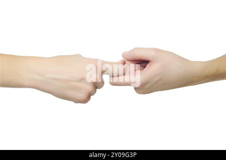 Mani Fimale a forma di lucchetto che si tengono isolate su sfondo bianco Foto Stock