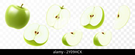 Set di mele verdi isolate su sfondo trasparente. Intere, metà e fette di una deliziosa mela. Raccolto estivo. Prodotto naturale. Immagine 3d realistica Illustrazione Vettoriale
