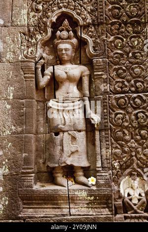 Sculture rupestri di apsara, wat phou, champasak, laos Foto Stock