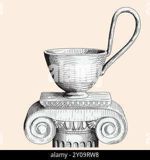 Un vaso bianco greco antico senza motivo si erge su un piedistallo. Oggetti isolati su sfondo beige. Illustrazione Vettoriale