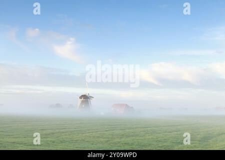 Bellissimo mulino a vento olandese nella nebbia mattutina, Paesi Bassi Foto Stock