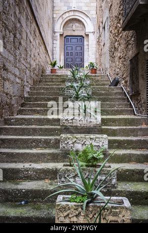 Vaso di fiori di pietra su una scala che porta ad una chiesa a Figueras, Spagna, Europa Foto Stock
