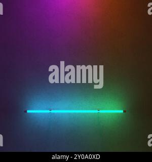 Lampade lineari al neon con un bagliore luminoso multicolore a gradiente. Sfondo scuro con luce al neon. illustrazione 3d. Foto Stock