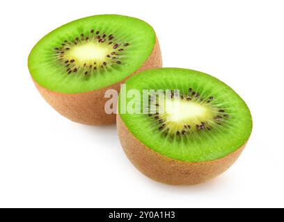 Due metà di kiwi isolati su fondo bianco Foto Stock