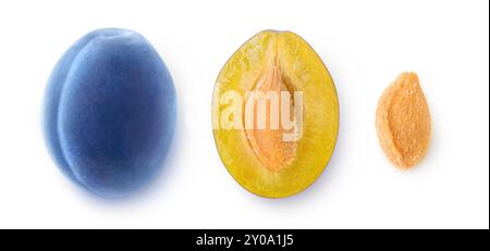 Pezzi di prugna blu isolati su sfondo bianco Foto Stock