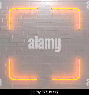 Cornice gialla al neon su parete bianca in mattoni. Segno neon modello. illustrazione 3d. Foto Stock