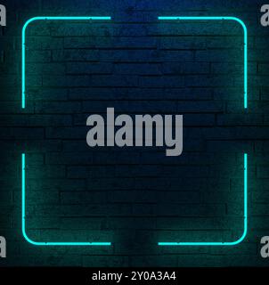 Insegna al neon. Cornice quadrata con luce blu. Banner rettangolare 3d luminoso elettrico su sfondo scuro. Sfondo astratto al neon. illustrazione 3d. Foto Stock