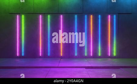 Luci multicolore al neon su pareti in cemento. Sfondo colorato. illustrazione 3d. Foto Stock