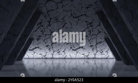 Un corridoio misterioso e scuro con pareti incrinate illuminate da una luce sottile e inquietante. illustrazione di sfondo 3d. Foto Stock