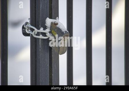 Primo piano di un cancello in metallo nero fissato con una catena e un lucchetto, entrambi coperti da una leggera spolveratura di neve Foto Stock