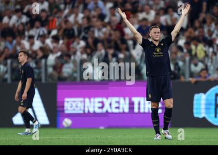 Torino, Italia. 1 settembre 2024. Teun Koopmeiners della Juventus FC gesti durante la partita di serie A tra la Juventus FC e la Roma allo stadio Allianz il 1 settembre 2024 a Torino. Crediti: Marco Canoniero/Alamy Live News Foto Stock