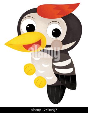 scena di cartoni animati con un felice uccello di animali della foresta picchio isolato su sfondo bianco per i bambini Foto Stock