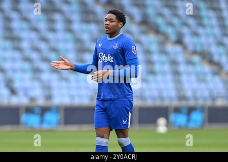 Manchester, Regno Unito. 1 settembre 2024. Jamal Baptiste di Everton durante la partita di Premier League 2 U23 Manchester City vs Everton al Joie Stadium di Manchester, Regno Unito, 1 settembre 2024 (foto di Cody Froggatt/News Images) a Manchester, Regno Unito, il 1° settembre 2024. (Foto di Cody Froggatt/News Images/Sipa USA) credito: SIPA USA/Alamy Live News Foto Stock