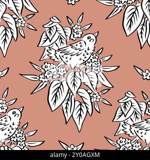 Motivo senza cuciture con graziosi motivi a forma di uccello e fiori Illustrazione Vettoriale