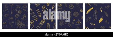 Set di 4 motivi mistici senza cuciture con cristalli, sole celeste e lune Illustrazione Vettoriale