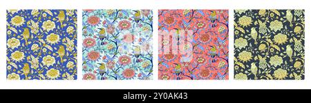 Set di 4 motivi floreali indiani con fiori e uccelli astratti Illustrazione Vettoriale