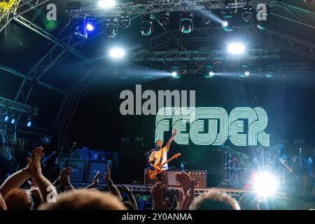 Nottingham, Regno Unito, 30 agosto 2024. Geoff Holroyde, Tommy Gleeson, Grant Nicholas e Taka Hirose dei Feeder si esibiscono dal vivo sul palco al Live at the Hall di Wollaton Hall. Crediti: Gabi Kowal/Alamy Live News Foto Stock