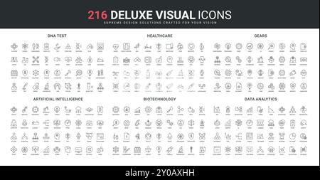 Test del DNA, scienza e intelligenza artificiale, strumenti di analisi dei dati, set di icone della linea sanitaria. Ricerca su cellule biologiche, attrezzi e laboratori molecolari sperimentano sottili simboli di contorno nero illustrazione vettoriale Illustrazione Vettoriale