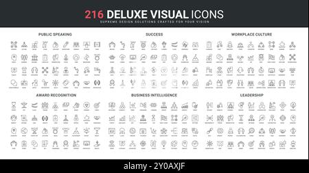 Business intelligence, ambiente di lavoro e cultura aziendale, premio per il successo e set di icone della linea di premi. Oratore pubblico sul podio, conferenza, visione di leader, simboli di contorno neri sottili, illustrazione vettoriale Illustrazione Vettoriale