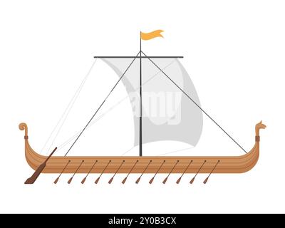 Illustrazione vettoriale dettagliata di una storica nave vichinga con remi e vela. Illustrazione Vettoriale