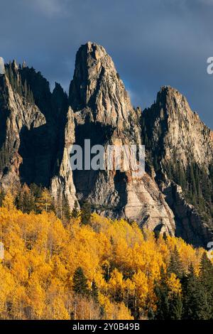 Picchi frastagliati con alberi di pioppo autunnali nelle San Juan Mountains del Colorado Foto Stock
