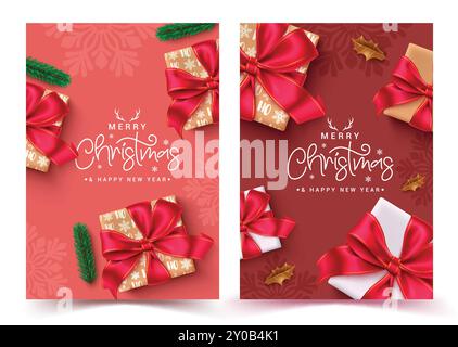 Design del set di poster vettoriali per biglietti d'auguri natalizi. Testo natalizio e felice anno nuovo con eleganti confezioni regalo ornamenti natalizi con motivo fiocchi di neve Illustrazione Vettoriale