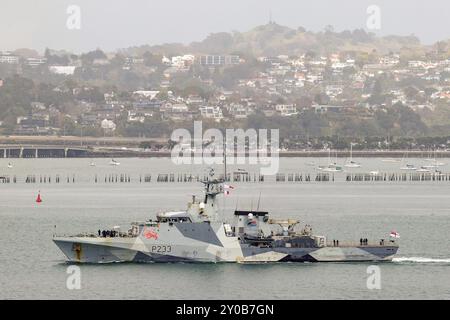 Auckland, nuova Zelanda, 2 settembre 2024. La HMS Tamar, una nave di pattuglia offshore classe Batch 2 della Royal Navy, parte dalla Royal New Zealand Navy base a Devonport, nuova Zelanda. Crediti: David Rowland/Alamy Live News Foto Stock