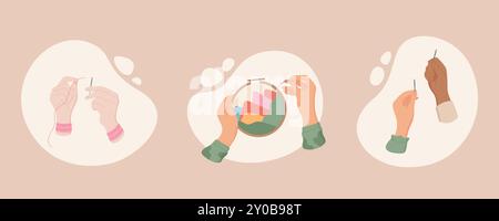 Cucire le mani con ago e anello da ricamo Illustrazione Vettoriale