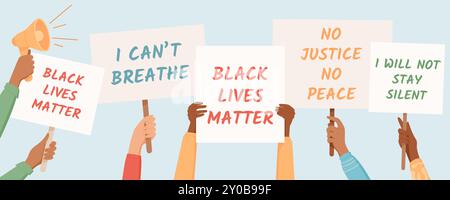 Mani diverse tengono segni di Black Lives Matter Illustrazione Vettoriale