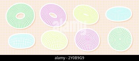 Forme di torus 3D vivide con pattern a reticolo Illustrazione Vettoriale