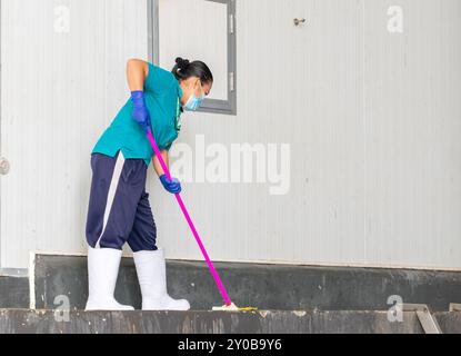 Lavoratore che pulisce il pavimento con mazzetta viola in fabbrica. Foto Stock