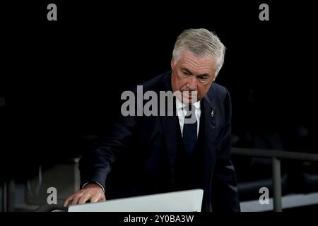 Madrid, spagnolo. 1 settembre 2024. Madrid, Regno di Spagna; 01.09.2024.- Carlo Ancelotti allenatore Real Madrid. Il Real Madrid sconfigge il Real Betis il giorno 4 del campionato spagnolo di calcio. Con i gol di Kylian Mbpaeé, i suoi primi due al Santiago Bernabéu Stadium (67' e 75' di rigore) hanno battuto il Betis. Crediti: Juan Carlos Rojas/dpa/Alamy Live News Foto Stock