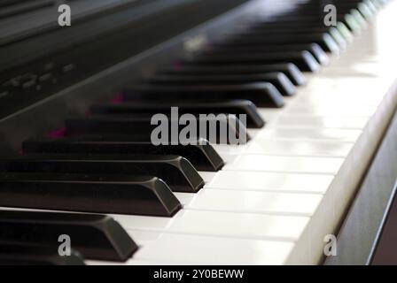 Primo piano di tasti in bianco e nero di un pianoforte con messa a fuoco superficiale Foto Stock