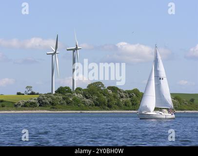 Barca a vela di fronte alle turbine eoliche nel fiordo di Flensburg Foto Stock