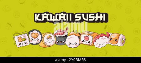 Carino sushi roll Kawaii, set di personaggi vettoriali di colore. Modello pubblicitario per composizione cartoni animati di un ristorante di delicatezza asiatica tradizionale Illustrazione Vettoriale