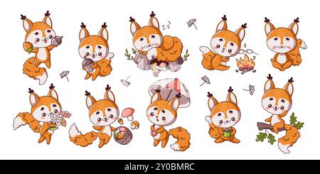 Simpatici piccoli scoiattoli che si divertono con il set di illustrazioni vettoriali a colori. Kawaii roditore selvatico in varie situazioni icone sulla collezione bianca Illustrazione Vettoriale