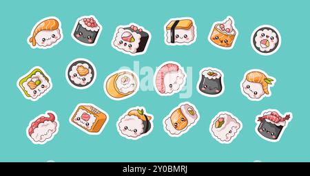 Delizioso sushi Kawaii rotoli contenti facce piatte adesivi vettoriali. Tradizionale cucina giapponese di pesce, icone colorate adagiate sul verde backgrou Illustrazione Vettoriale
