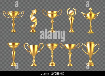 Set di illustrazioni vettoriali realistiche per le tazze Champion Award. Vinci in gara. Leaders Achievement premia i modelli 3d su sfondo scuro e trasparente Illustrazione Vettoriale