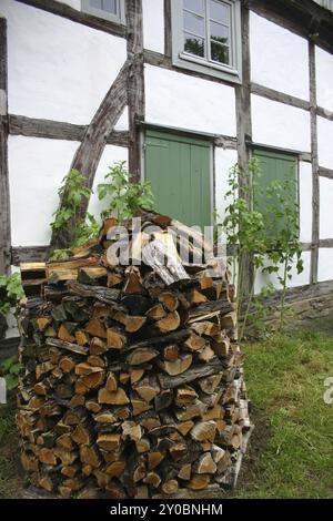 Legna da ardere di fronte a una casa in legno Foto Stock