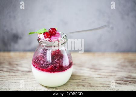 La vaniglia panna cotta dessert a bacca rossa e salsa di menta in un vaso. Messa a fuoco selettiva. Spazio di copia Foto Stock