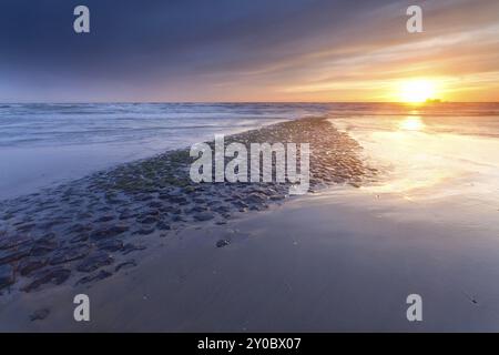 Tramonto sulla costa del mare settentrionale nei Paesi Bassi, Bergen aan zee Foto Stock