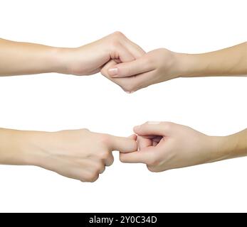 Mani femminili a forma di lucchetto che si tengono isolate su sfondo bianco Foto Stock