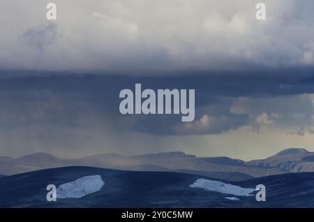 Doccia a pioggia serale nel Parco Nazionale Dovrefjell-Sunndalsfjella, Oppland Fylke, Norvegia, settembre 2011, Europa Foto Stock