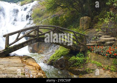 Ponte di legno nella foresta di montagna vicino alla cascata Foto Stock