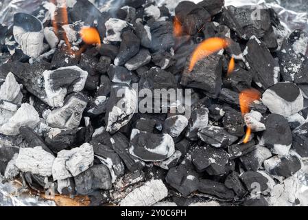 Fumare carboni da barbeque con fumo e fiamme. Foto Stock