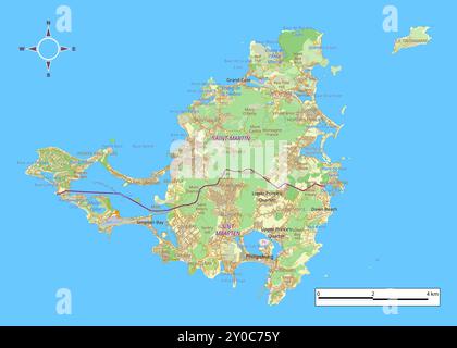 Saint Martin e Sint Maarten mappa dettagliata Illustrazione Vettoriale