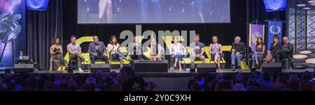 BONN, GERMANIA, 19 MAGGIO 2018: Kandyse McClure, Aaron Douglas, Grace Park, Tahmoh Penikett, James Callis, Tricia Helfer, Michael trucco, Katee Sackhoff Foto Stock